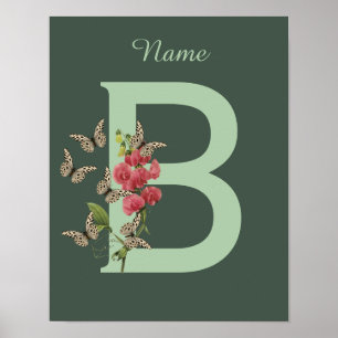 Butterflies Sweet Pea Monogram Initial B Name  Poster