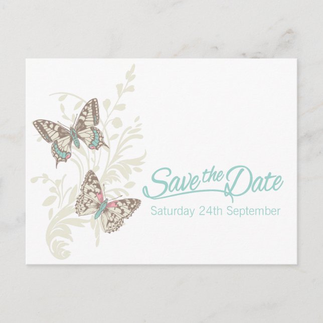 Butterflies teal white cream save the date card (Front)