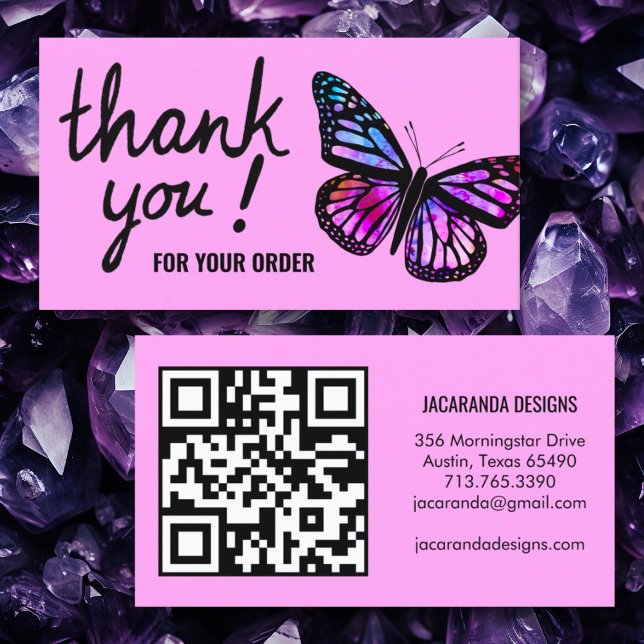 Butterflies Thank You for Your Order QR Code Business Card (Custom thank you card with butterfly and custom QR code in purple. Order thank you card)