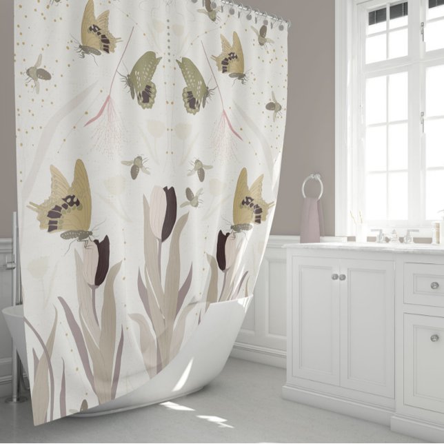 Butterflies Tulips Gold Sage Pattern Shower Curtain (Elegant Gold Sage Butterflies Bees Tulips Shower Curtain by Studio Posies.)