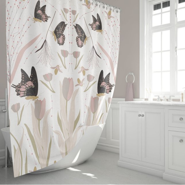 Butterflies Tulips Pink Pattern Shower Curtain (Elegant Black Pink Gold Butterflies Bees Tulips Shower Curtain from Studio Posies.)
