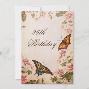 Butterflies & Vintage Almond Blossom 25th Birthday Invitation