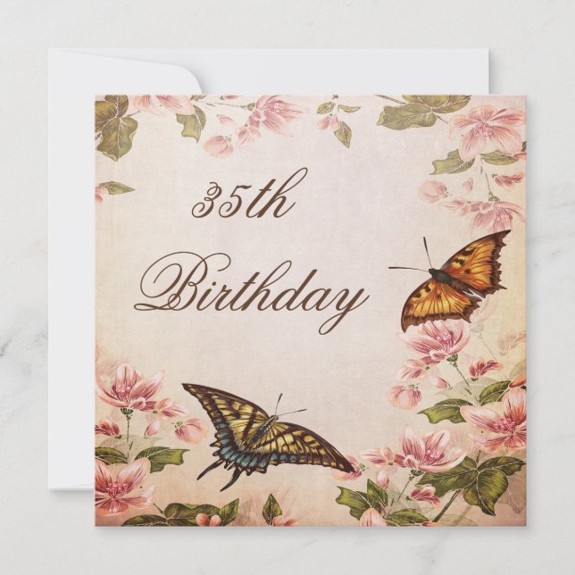 Butterflies & Vintage Almond Blossom 35th Birthday Invitation (Front)