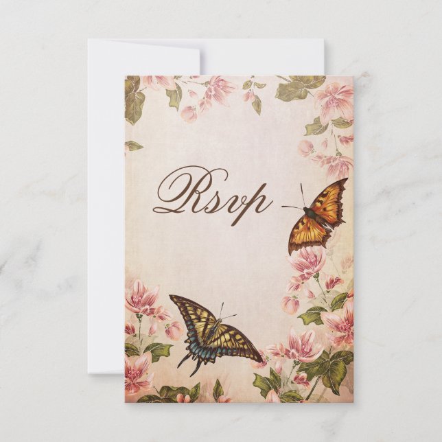 Butterflies & Vintage Almond Blossom RSVP Card (Front)
