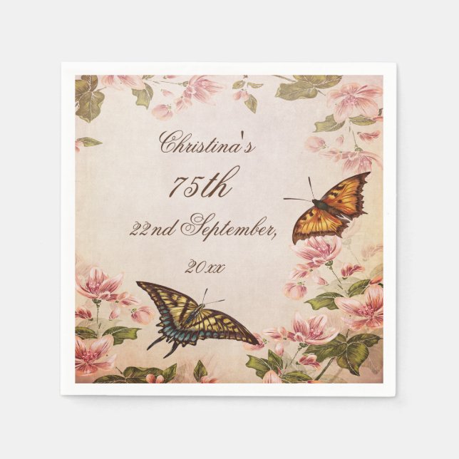 Butterflies & Vintage Almond Blossom Serviettes Napkin (Front)