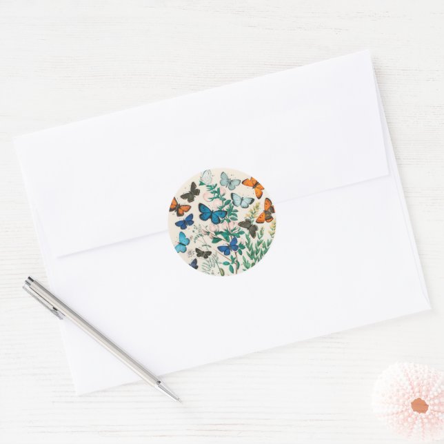 Butterflies, vintage illustration classic round sticker (Envelope)