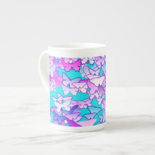 Butterflies, violet and turquoise bone china mug