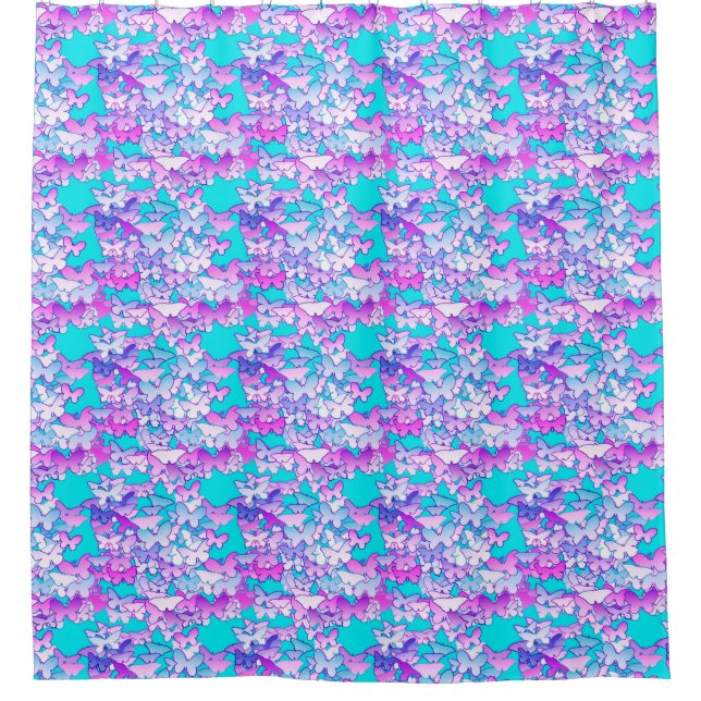 Butterflies, violet and turquoise shower curtain (Front)