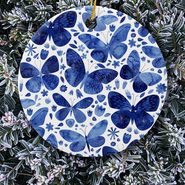 Butterflies Watercolor Blue Ceramic Ornament (Blue and white butterfly pattern  ceramic Christmas ornament)