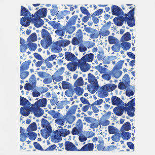 Butterflies Watercolor Blue Fleece Blanket
