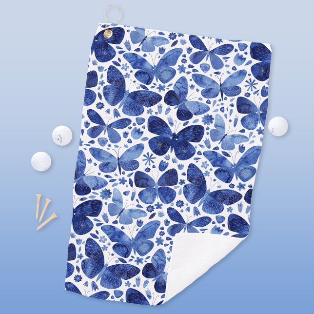 Butterflies Watercolor Blue Golf Towel (Blue butterfly pattern golf towel)