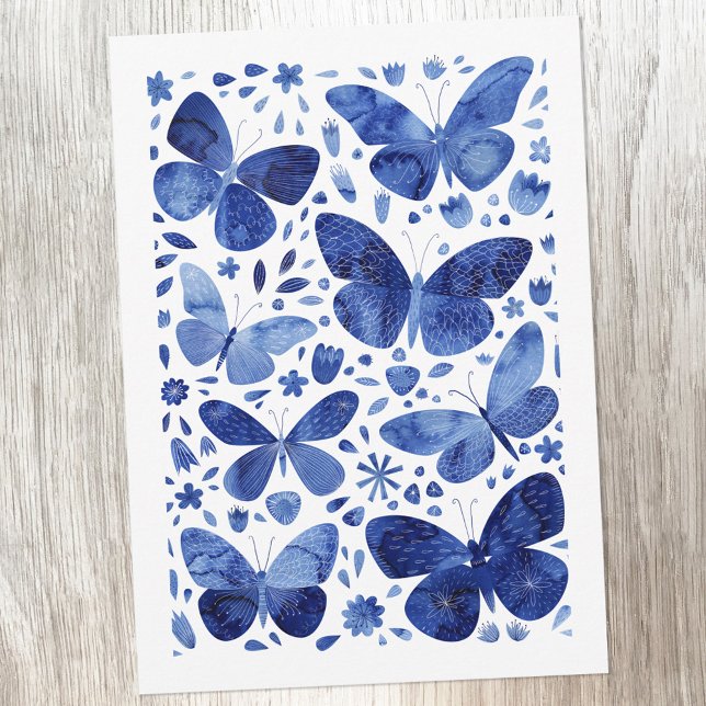 Butterflies Watercolor Blue Greetings Card (Blue and white watercolor butterfly painting greetings card)