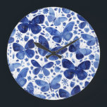 Butterflies Watercolor Blue Large Clock<br><div class="desc">Indigo blue and white watercolor butterfly painting.</div>