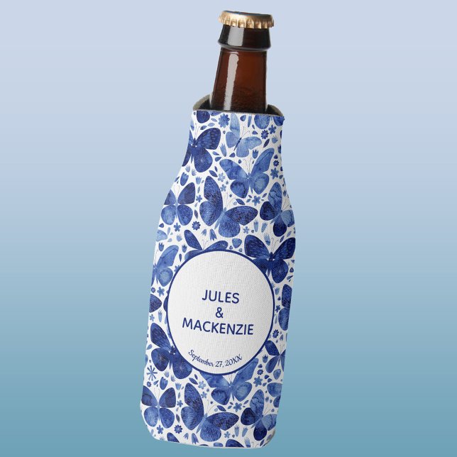 Butterflies Watercolor Blue Modern Boho Wedding Bottle Cooler (Blue white watercolor butterfly pattern bride groom name persoanlized date bottle cooler)