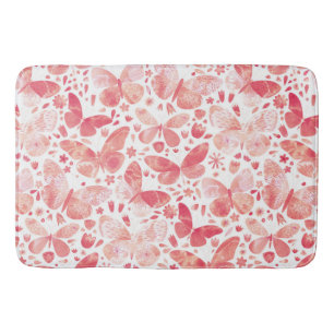 Butterflies Watercolor Coral Pink Bath Mat