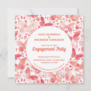 Butterflies Watercolor Coral Pink Engagement Party Invitation
