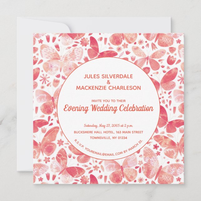 Butterflies Watercolor Coral Pink Evening Invitation (Front)