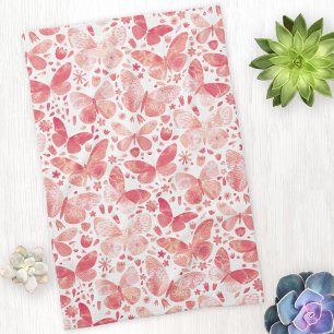 Butterflies Watercolor Coral Pink Kitchen Towel