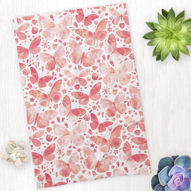 Butterflies Watercolor Coral Pink Kitchen Towel (Peach pink watercolor butterfly pattern kitchen tea towel)