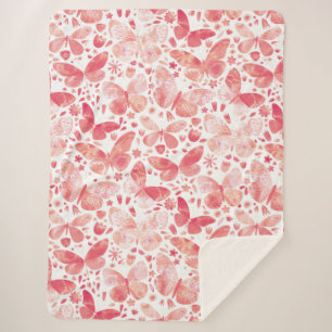 Butterflies Watercolor Coral Pink Sherpa Blanket