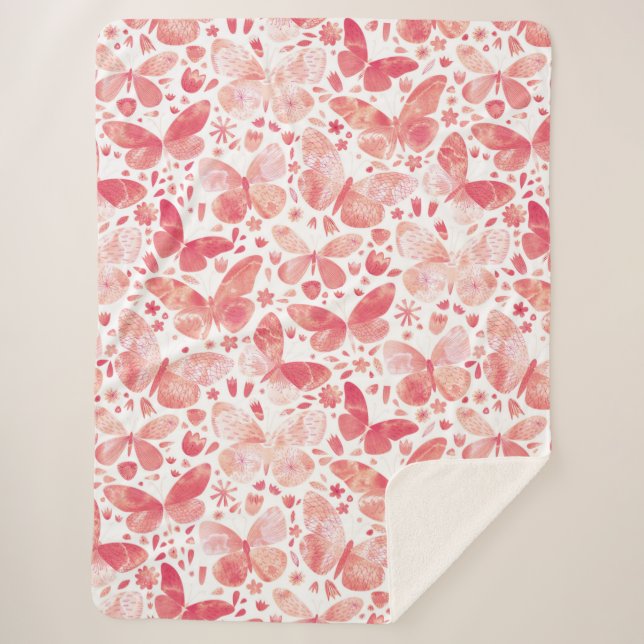 Butterflies Watercolor Coral Pink Sherpa Blanket (Front)