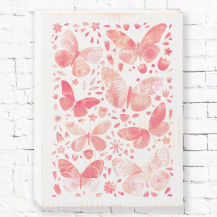 Butterflies Watercolor Coral Pink Wooden Box Sign