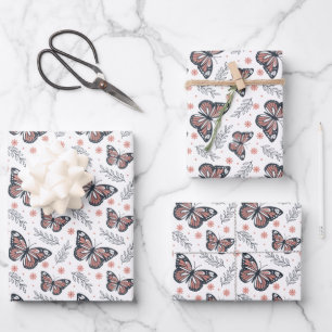 Butterflies Watercolor Coral Pink Wrapping Paper Sheet