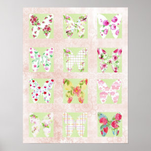Butterflies Watercolor Flowers Collage Poster