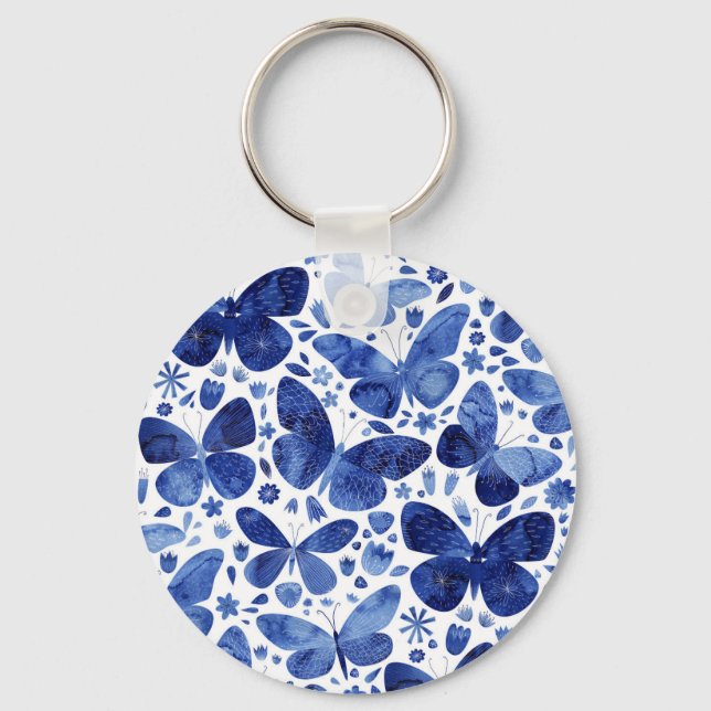Butterflies Watercolor Indigo Blue Keepsake Key Ring (Front)