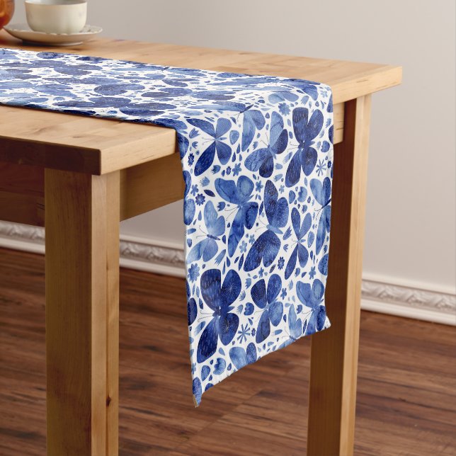 Butterflies Watercolor Indigo Blue Long Table Runner (In Situ)
