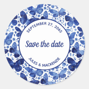 Butterflies Watercolor Indigo Blue Save the Date Classic Round Sticker