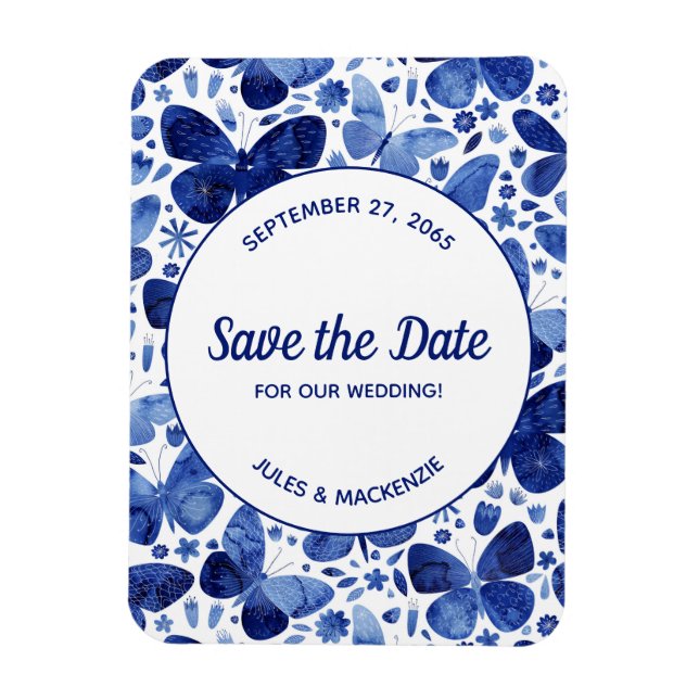 Butterflies Watercolor Indigo Blue Save the Date Magnet (Vertical)