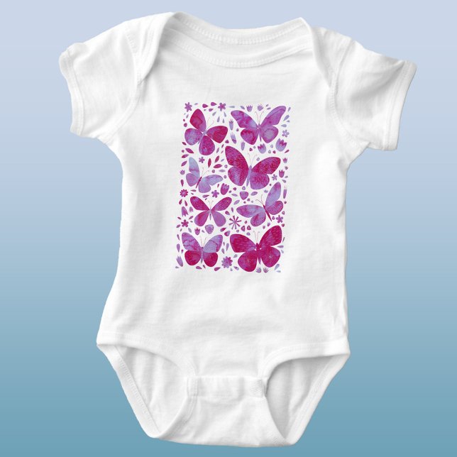 Butterflies Watercolor Magenta Pink Baby Bodysuit (Magenta pink watercolor butterfly baby bodysuit)