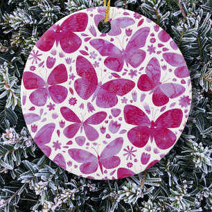 Butterflies Watercolor Magenta Pink Ceramic Ornament