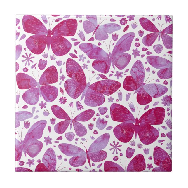 Butterflies Watercolor Magenta Pink Ceramic Tile (Front)