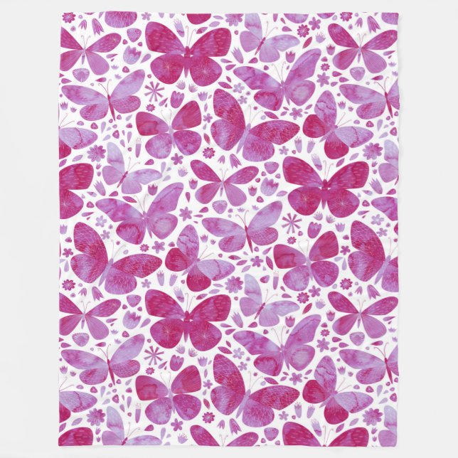 Butterflies Watercolor Magenta Pink Fleece Blanket (Front)