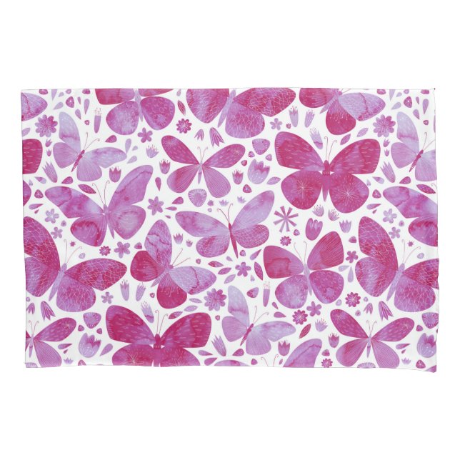 Butterflies Watercolor Magenta Pink Pillowcase (Front)