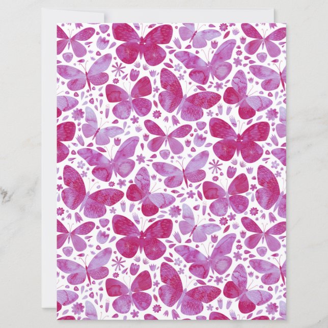 Butterflies Watercolor Magenta Scrapbook Paper (Front)