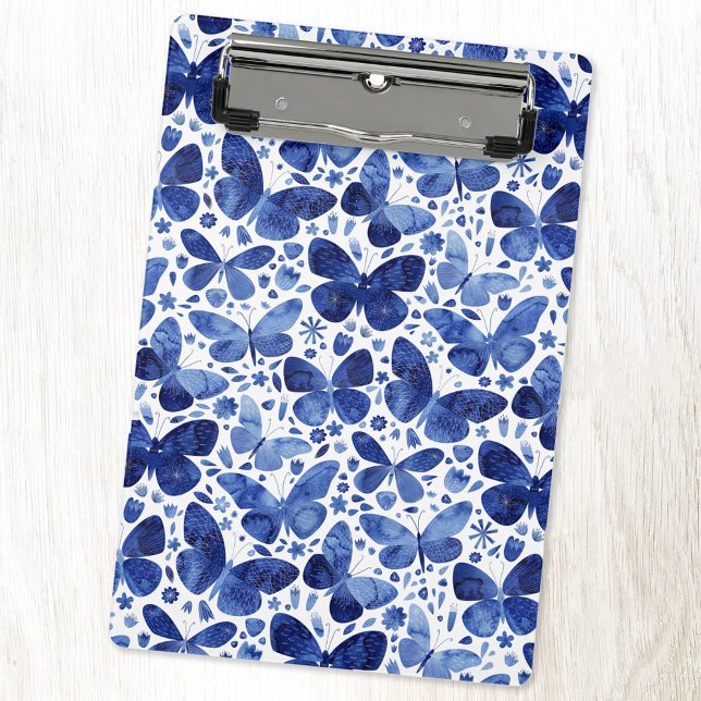 Butterflies Watercolor Pattern Blue Mini Clipboard (Blue watercolor butterfly pattern mini clipboard)
