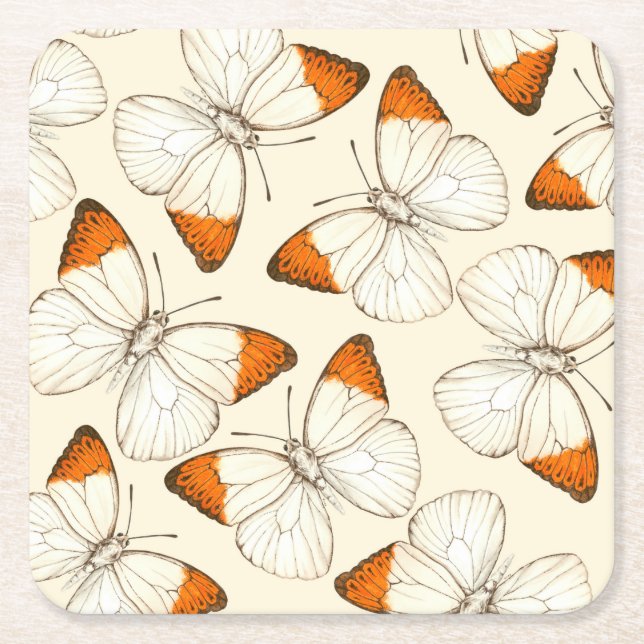 Butterflies watercolor pattern square paper coaster (Front)