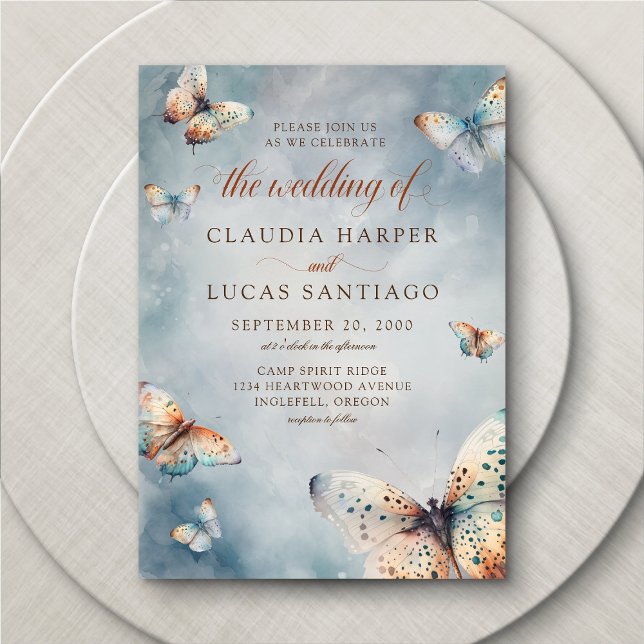 Butterflies Watercolor Teal Terracotta Wedding Inv Invitation (Creator Uploaded)