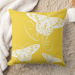 Butterflies White On Bright Yellow Pattern Cushion