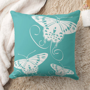 Butterflies White On Teal Pattern Cushion