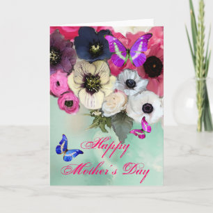 BUTTERFLIES ,WHITE PINK ROSES AND ANEMONE FLOWERS CARD