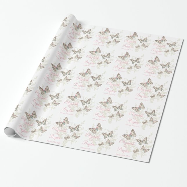 Butterflies white pink wedding names gift paper (Unrolled)