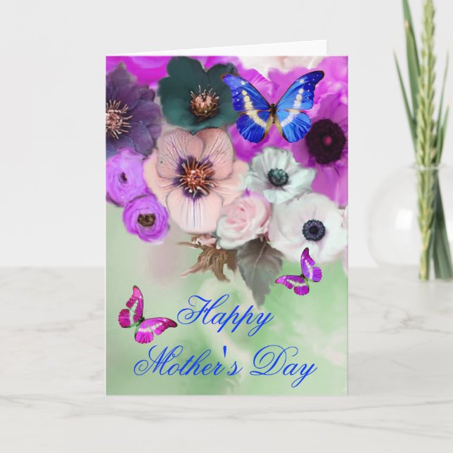 BUTTERFLIES,WHITE PURPLE ROSES AND ANEMONE FLOWERS CARD (Front)