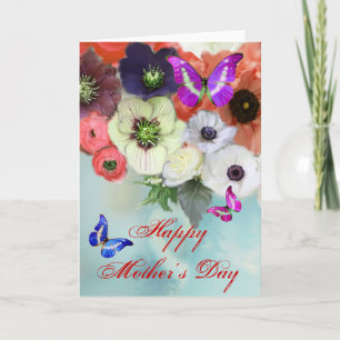 BUTTERFLIES ,WHITE RED ROSES AND ANEMONE FLOWERS CARD
