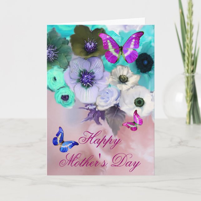 BUTTERFLIES ,WHITE TEAL ROSES AND ANEMONE FLOWERS CARD (Front)