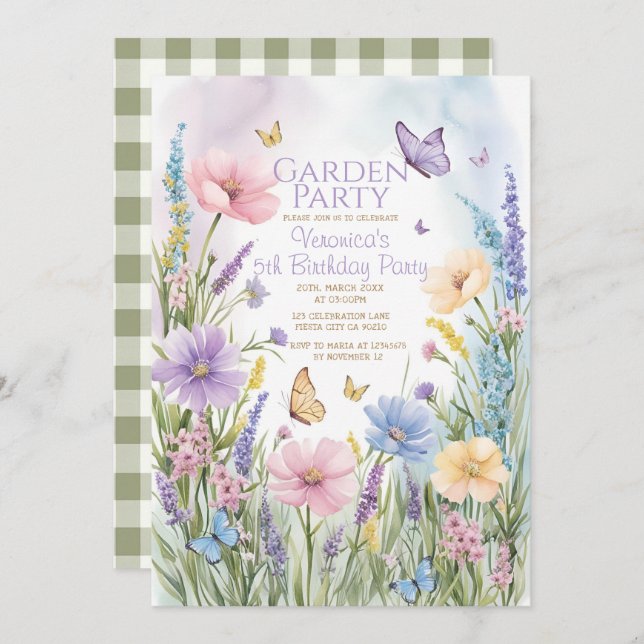 Butterflies Wildflower Garden Party Birthday Invitation (Front/Back)