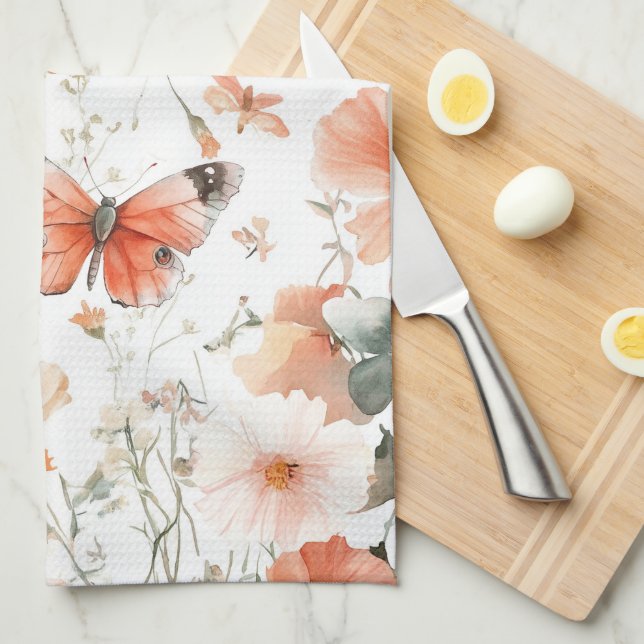 Butterflies Wildflowers Watercolor Elegant  Tea Towel (Quarter Fold)